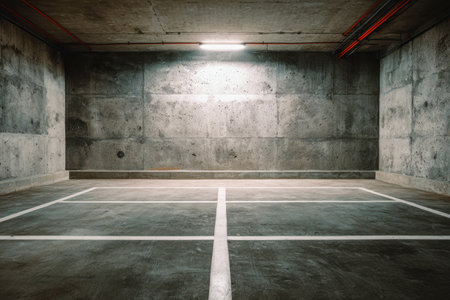 A solitary fluorescent glow highlights stark concrete walls, casting a cold ambiance over outlined parking bays in a minimalist, industrial basement setting.の写真素材