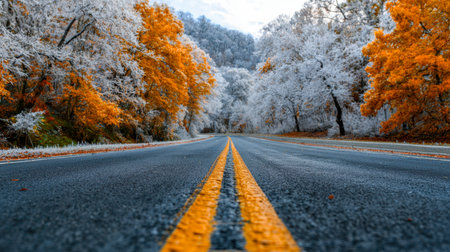A tranquil countryside scene featuring a snow-dusted road bordered by glistening frost-laden trees and striking orange leaves, illustrating nature's serene seasonalの写真素材