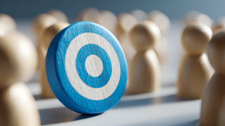 A vivid blue icon amid wooden silhouettes highlights leadership and clear objectives in a dynamic, polished environment showcasing ambition and strategic focusの写真素材