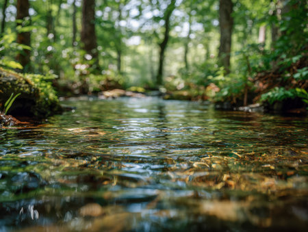 Calm forest stream with sparkling water mirroring sunlit canopy and vibrant foliage, evoking serenity and harmony in a pristine summer woodland.の写真素材