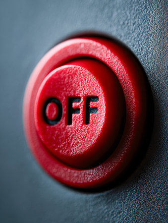 A vibrant red, textured circular switch with bold black "off" text, set against a dark background, conveying the concept of powering down or deactivating equipment.の写真素材