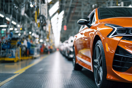 A sleek, vibrant orange vehicle gleams amidst a bustling factory floor, surrounded by robotic arms and high-tech machinery in a cutting-edge assembly environment.の写真素材