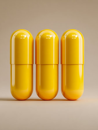 Three glossy yellow pills arranged vertically on a neutral backdrop, their polished surfaces reflecting light subtly, with gentle shadows adding depth below.の写真素材
