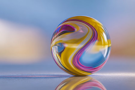 A dazzling glass orb of vivid hues and intricate swirls gently mirrors its surroundings on a polished surface, set against a softly blurred pastel backdrop highlightの写真素材