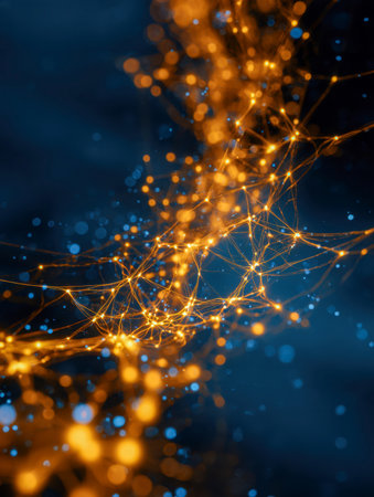 A luminous golden lattice of interconnected nodes shimmer against a deep blue backdrop, evoking neural pathways and advanced digital networks in a futuristic style.の写真素材
