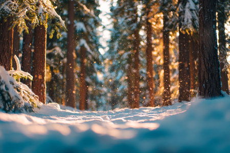Soft winter light bathes a silent woodland of frosted pines, as gentle snowflakes drift downward, creating a serene and enchanting natural landscape.の写真素材