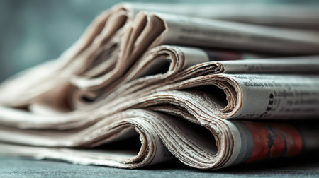 A cluster of neatly folded publications displaying snippets of headlines and visuals, layered atop each other against a gentle, out-of-focus backdrop perfect for ediの写真素材