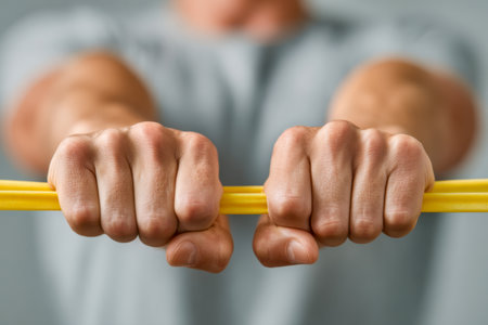 Focused muscular hands clutched a vibrant yellow band, showcasing intensity and effort during a dedicated strength routine in a gym or home setting.の写真素材