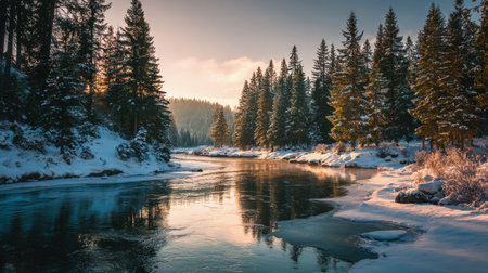 A peaceful woodland scene where a gentle stream winds through frosty pines blanketed in snow, bathed in warm sunset hues and shimmering reflections on frozen water.の写真素材