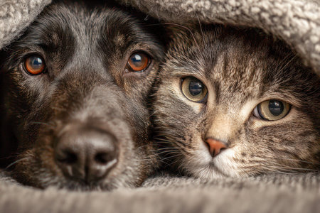 A gentle scene reveals a black dog and a striped tabby cat sharing warmth and serenity, nestled closely beneath a plush beige covering, illustrating their peaceful cの写真素材