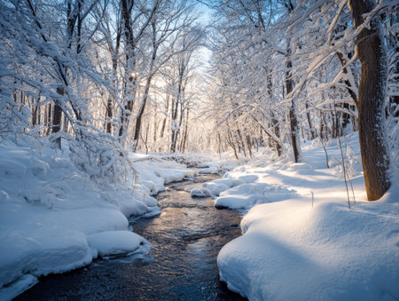 A peaceful woodland scene featuring a gentle stream winding through a frost-covered landscape, where snow-laden trees glisten softly under warm sunlight.の写真素材