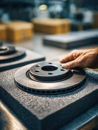 A craftsman?s hand examines a freshly manufactured brake rotor, resting on protective foam in an industrial setting, with machinery and containers softly blurred inの写真素材