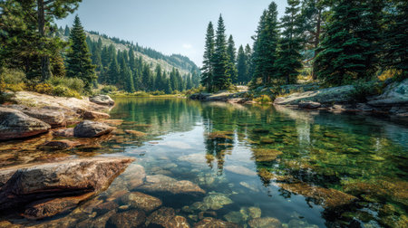 A pristine mountain stream meanders through a lush evergreen forest, edged by rugged stones under a vivid azure sky, evoking tranquility in untouched wilderness.の写真素材