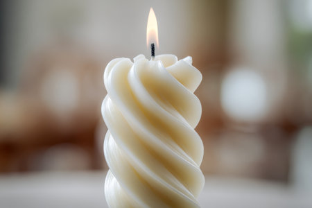 A delicate, ornate candle with a gentle flickering glow illuminates a cozy space, evoking comfort and serenity in a softly blurred home interior.の写真素材