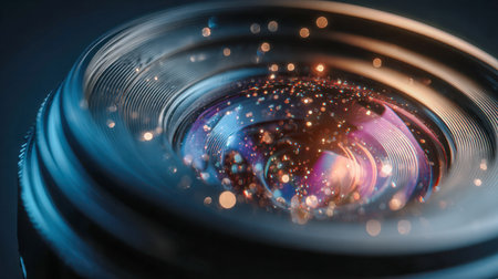 An intimate close-up of a camera lens featuring swirling glass patterns, softly glowing bokeh accents, and vibrant hues amidst a subdued, moody atmosphere.の写真素材