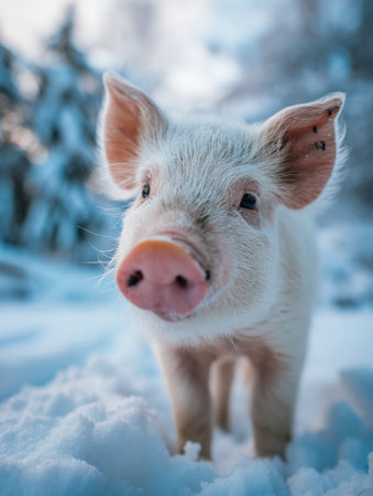 A playful piglet investigates a pristine snowy woodland, bathed in gentle daylight, amid peaceful trees and serene winter silence.の素材