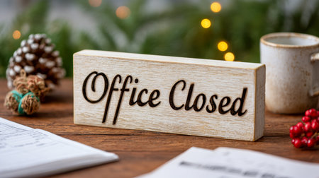 A charming workspace featuring a rustic wooden desk adorned with seasonal accents, a warm cup, a pine cone, and soft twinkling lights creating a cozy holiday ambianceの素材