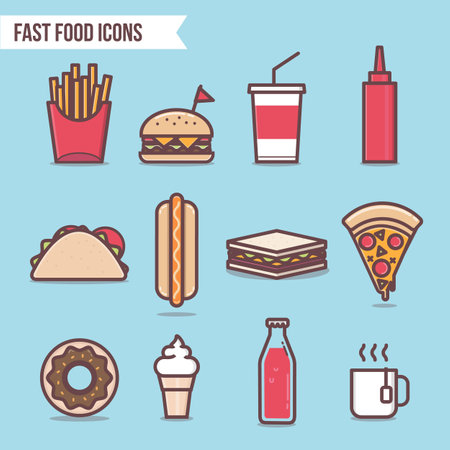 fast food flat design elements and icons set vector. Pizza, Hot Dog, Hamburger, Tacos, Ice cream, Cola and Donutのイラスト素材