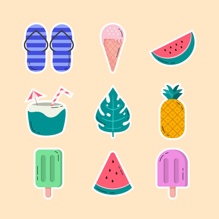 Set of Summer Elements Flat Icons Vector Illustration, Watermelon, Coconut Water, Monstera Leaf, Ice Cream, Slippers, Pineappleのイラスト素材