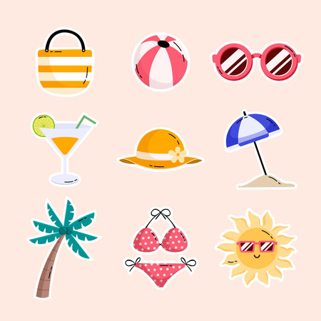 Set of summer beach icons. Vector illustration in flat style. Isolated on white background.のイラスト素材