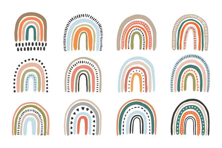 Set of Boho Rainbows Clip Art. Kids Baby Nursery Design Elements. Doodle Retro Style Rainbows.のイラスト素材