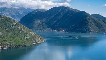 Beautiful landscape with Risan town, sea and mountains. Montenegro seashore, Bay of Kotorの写真素材