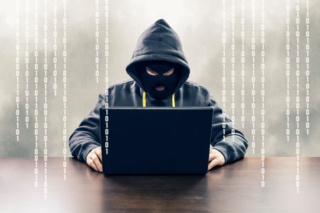 Masked computer hacker attacking internet services with binary code illustration