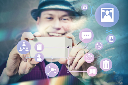 Man taking photo and uploading to social media, Ephemeral internet Illustrationの写真素材