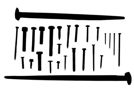 Black vector silhouettes of spikes,nails, screws and bolts のイラスト素材
