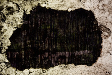 Grunge edges and a carved out burned hole in the middle with wooden texture の写真素材