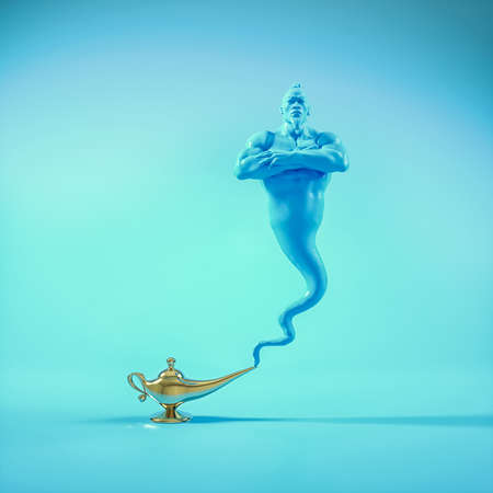 Golden lamp and stylized smoke of aladdin on blue background . Fulfill desires and luck concept . This is a 3d render illustration .の写真素材