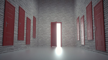 Hallway with many doors on the walls and one open at the end . Decision making and opportunity...