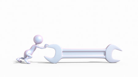 Human character pushing a big wrench. This is a 3d render illustationの写真素材