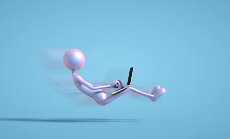 Person in a white room using a laptop. High speed browsing. This is a 3d render illustrationの写真素材