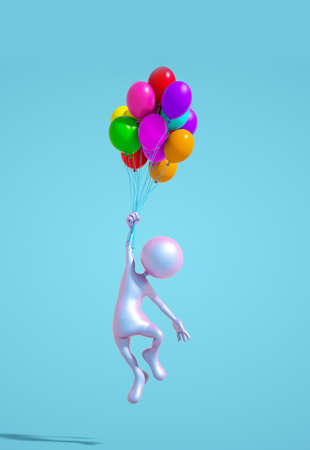 3d person flying with colorful balloons. The concept of accomplished dreams. This is a 3d render illustrationの写真素材