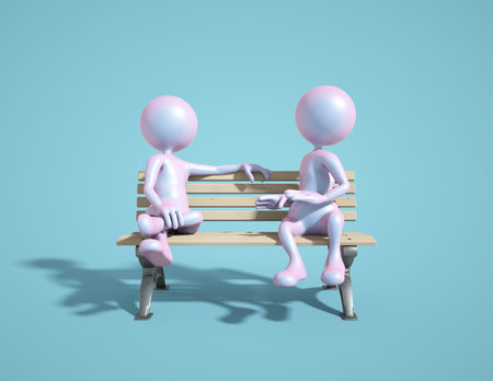 Two character sit bench on blue background. This is a 3d rnder illustrationの写真素材
