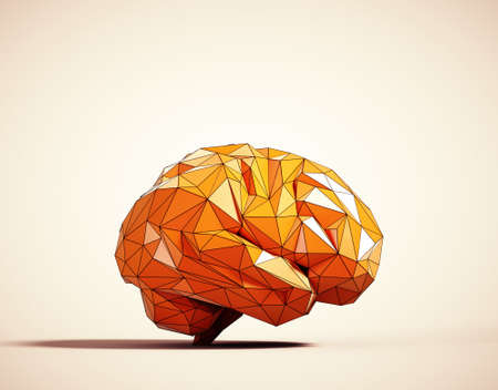 Low poly brain. Abstract mash line and point origami on white background with an inscription. This is a 3d render illustrationの写真素材