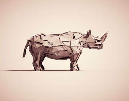 Abstract rhino made of wooden polygons. Creative and complex concept.This is a 3d render illustrationの写真素材