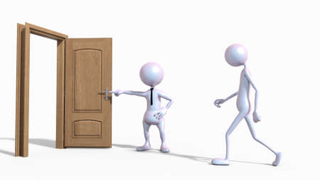 The boss kicks out a subordinate, pointing to the door. This is a 3d rnder illustrationの写真素材