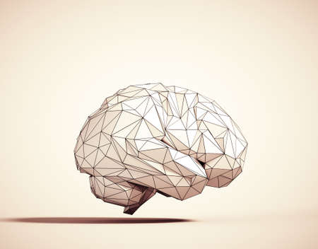 Low poly brain. Symbol of wisdom point. Abstract mash line and point origami on white background with an inscription. This is a 3d render illustrationの写真素材