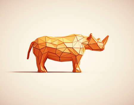 Low poly rhino on white background. Creative and complex concept. This is a 3d render illustrationの写真素材