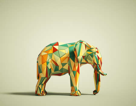 Colorful low poly elephant on white background. Creative and complex concept. This is a 3d render illustrationの写真素材