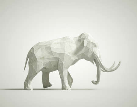 Low poly white elephant on white background. Creative and complex concept. This is a 3d render illustrationの写真素材