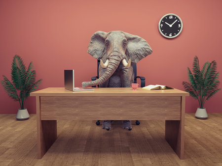 Elephant sits at the office. This is a 3d render illustration