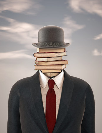 Businessman with a stack of books instead of head. Self development and knowledge concept. This is a...