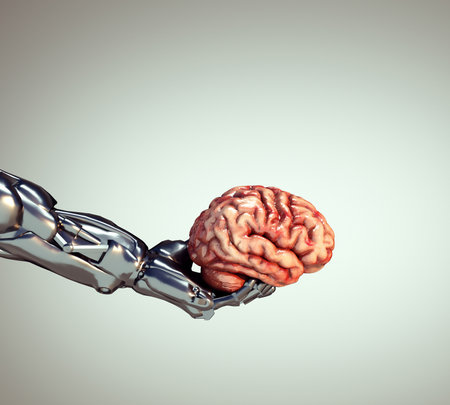Cyborg arm holding a human brain. Artificial intelligence and future development concept. This is a 3d render illustrationの写真素材
