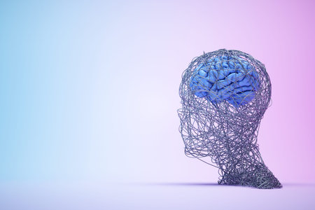 Man made of wires with a human brain inside. Brainstorming and complex decision concept.  This is a...