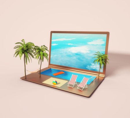 Laptop with a tropical beach environment. Travel booking app. Work while travelling concept. This is...