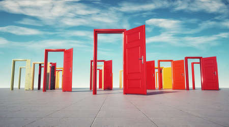 Multiple opened doors. Hard choices and change concept. This is a 3d render illustrationの写真素材