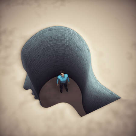 Hole shaped as a head with a man inside. Mental illness and open minded concept. This is a 3d render illustrationの写真素材